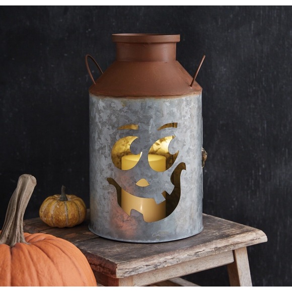 Barn Door On Orr Other - Metal Halloween 12.5"H Jack-O-Lantern Milk Can Luminary